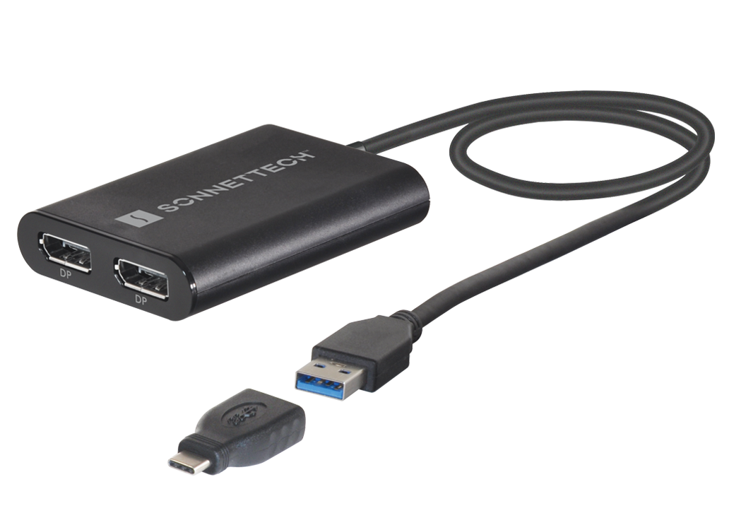 USB 3 DisplayLink Dual 4K 60Hz DisplayPort Adapter showing two front DisplayPort ports and a USB-C to USB Type A adapter.
