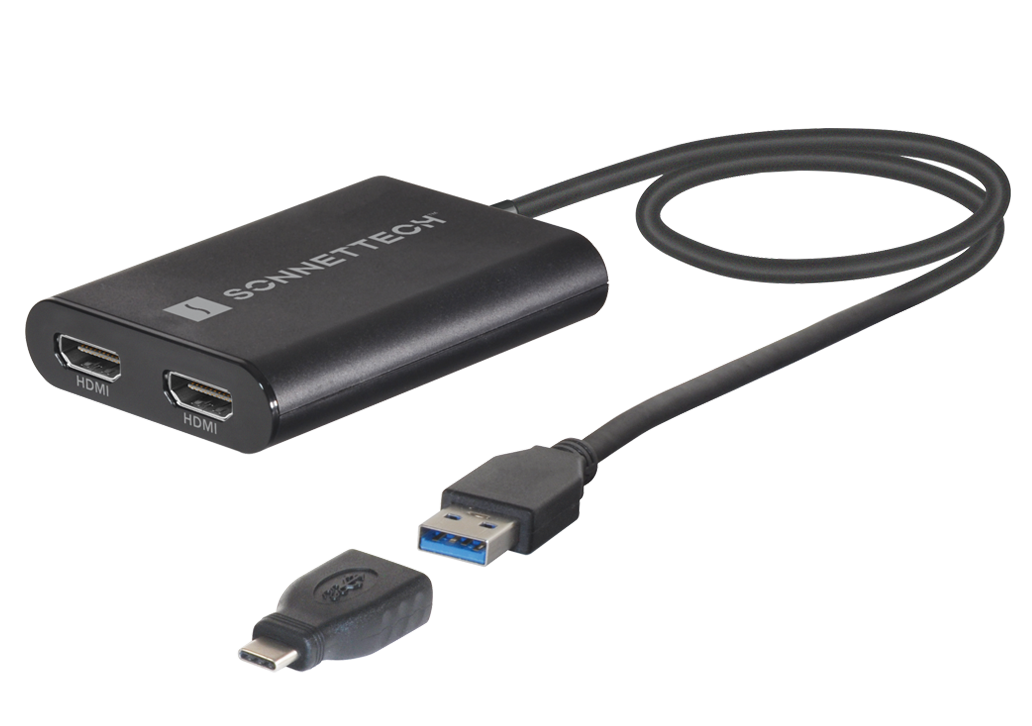USB 3 DisplayLink Dual 4K 60Hz HDMI Adapter showing two HDMI ports and a USB-C to USB Type A adapter.