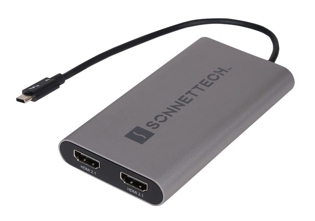 Thunderbolt Dual 4K HDMI 2.1 Adapter showing two front HDMI ports.